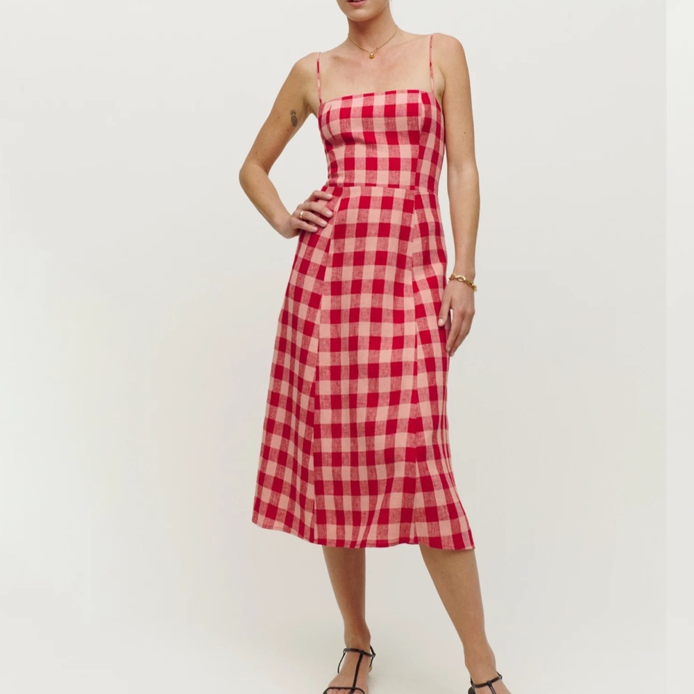 NWT Christen Linen Dress Red Check 8